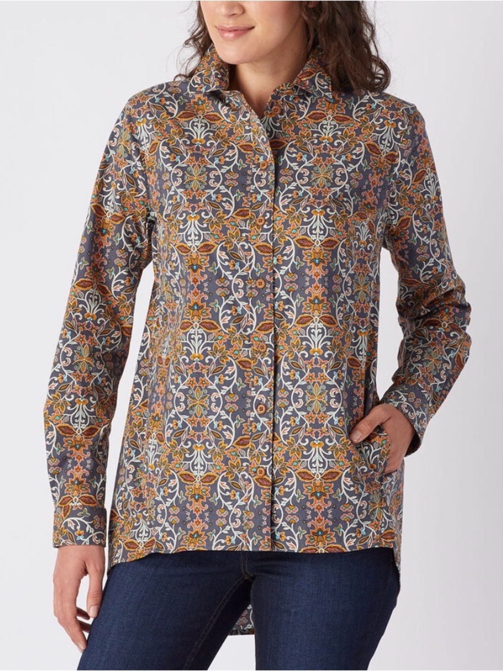 Duluth Trading Printmaker Cotton Poplin Modern Tunic With Back Pleat and Pockets